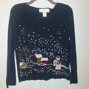 LISA INTERNATIONAL UGLY CHRISTMAS SWEATER BEADS BEADED HOUSES SNOWMAN SIZE M
